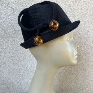Vintage black wool bucket hat 2 lucite amber balls Adolfo Realites Small 21”